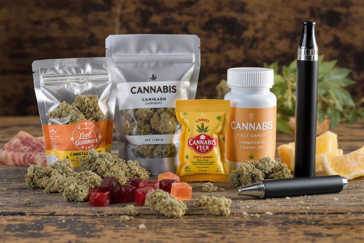 Various cannabis products including flower, gummies, a vape pen, and a pill bottle.