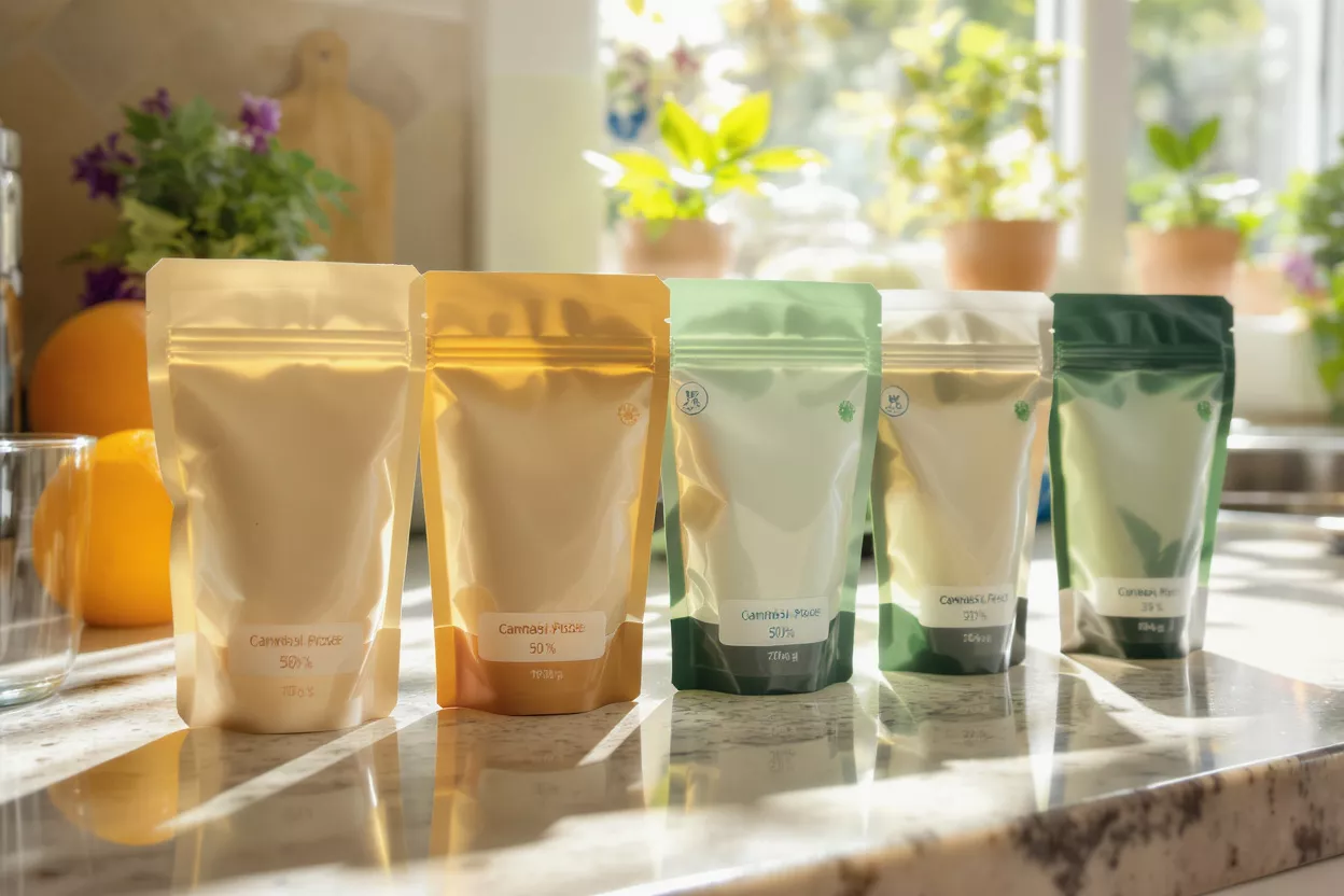 Five colorful cannabis product pouches on a kitchen counter with natural light.