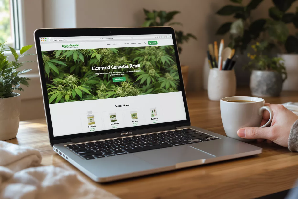 Laptop displaying a cannabis retail website with a hand holding a coffee mug.