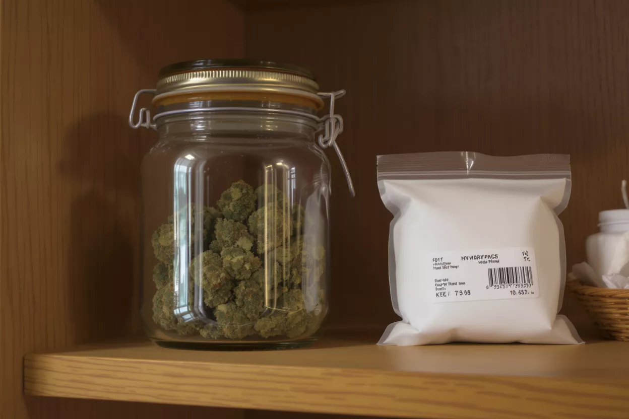 Glass jar filled with cannabis buds next to a white dry pack on a wooden shelf.