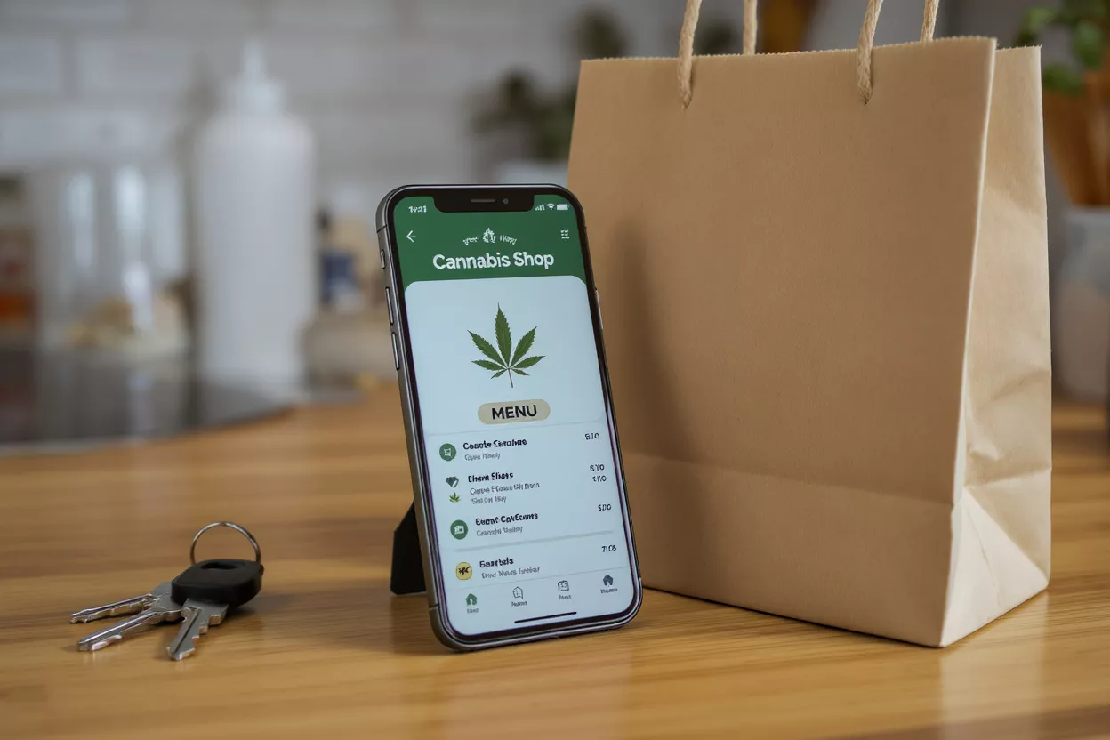 Cannabis Shop App and Delivery Smartphone displaying a cannabis shop app next to a brown paper delivery bag and keys.