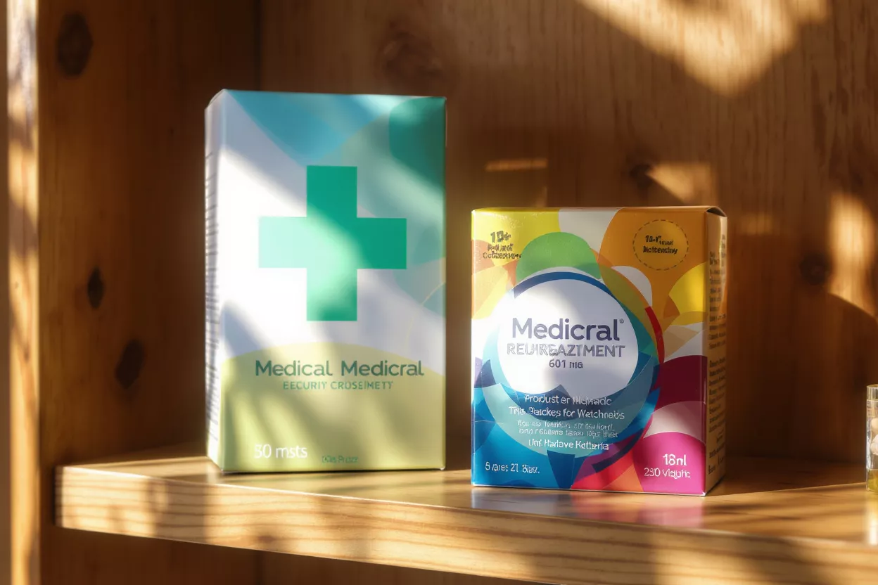 Medicral Product Boxes Two Medicral product boxes, one green and one colorful, on a wooden shelf.