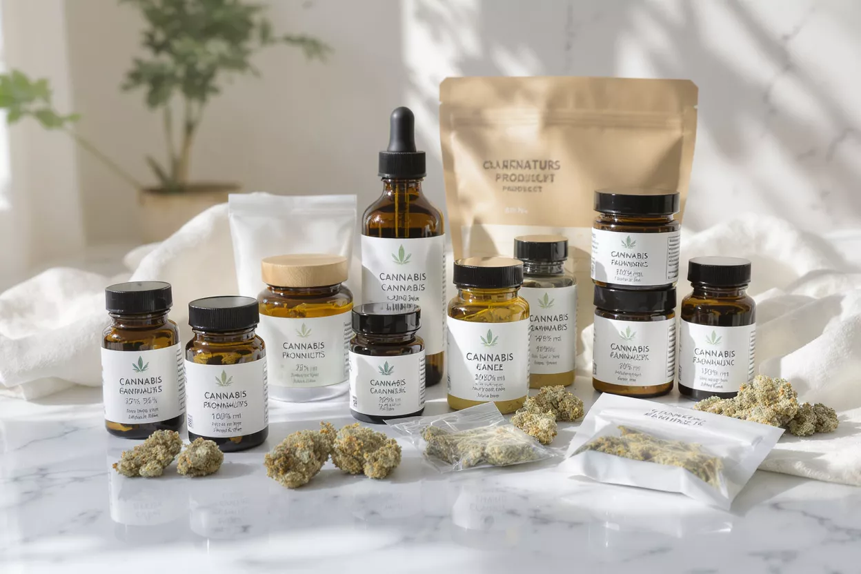 Cannabis Products Assortment Various cannabis products including oils, tinctures, dried buds, and edibles on a marble surface.