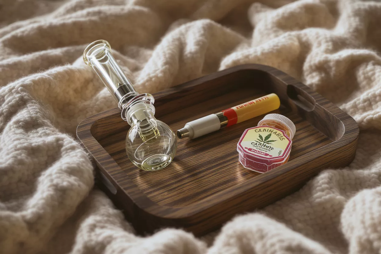 Cannabis Accessories on Wooden Tray Glass bubbler, vape pen, and cannabis container on a wooden tray.