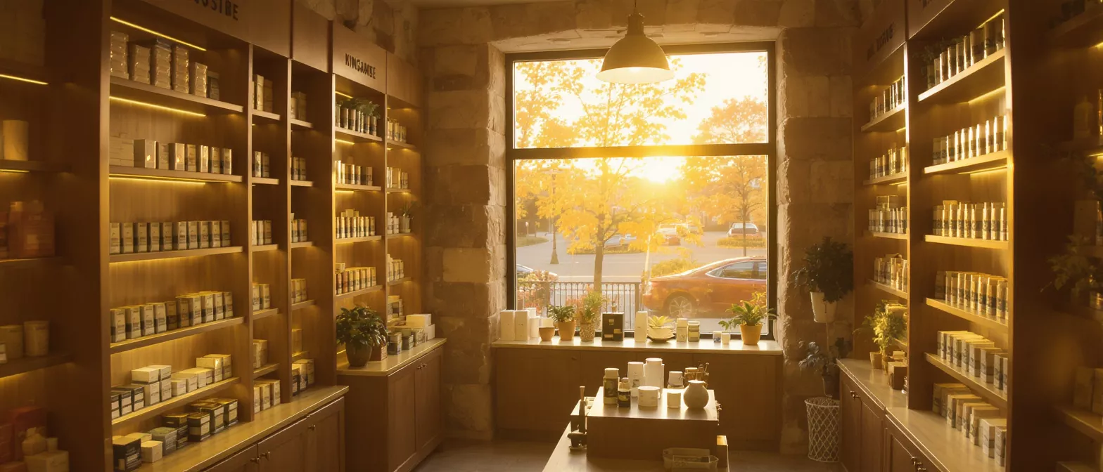 Warm-lit store interior with wooden shelves, products, and a window showing autumn sunset.