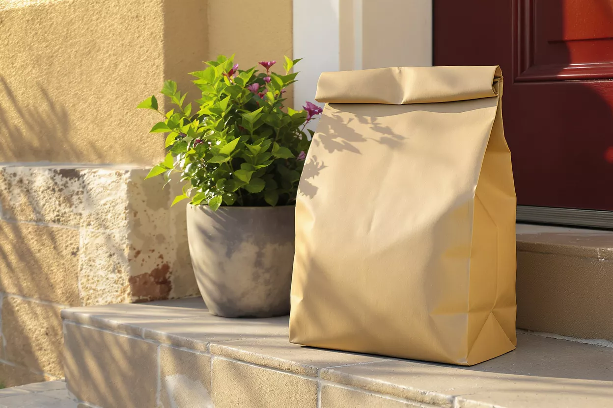 Brown paper delivery bag on a stone doorstep next to a potted plant.