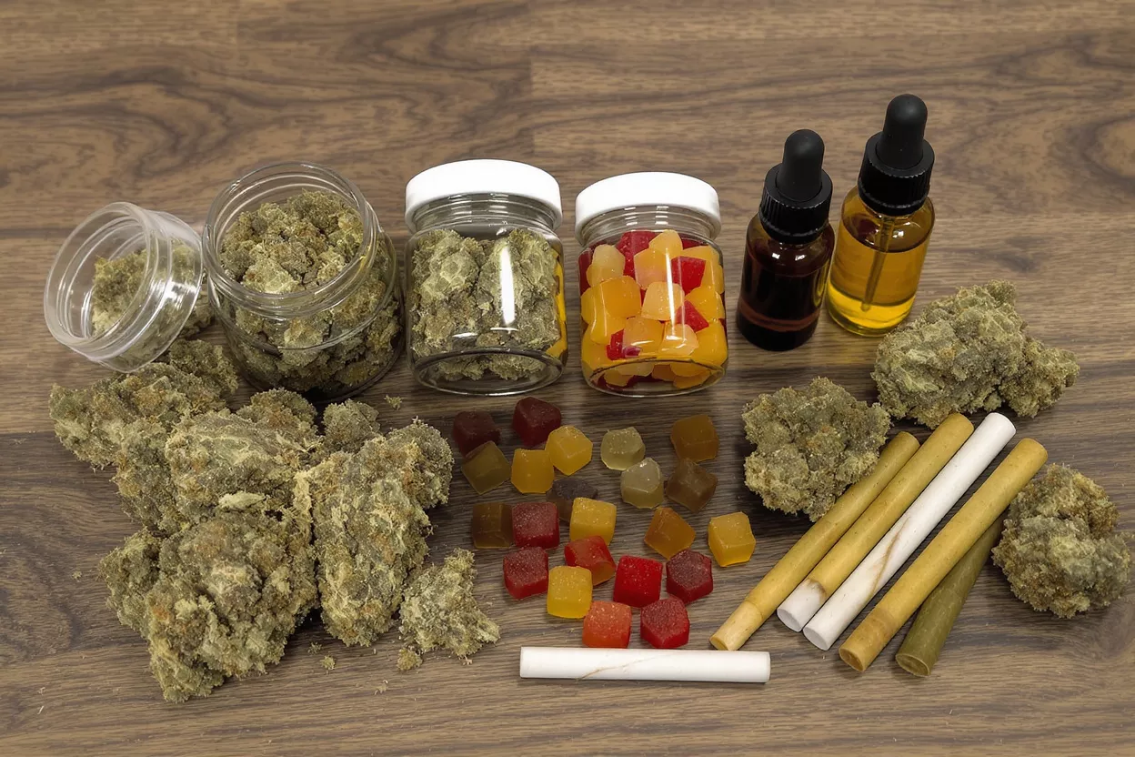 Cannabis flower, edibles, oils, and pre-rolls on a wooden surface.