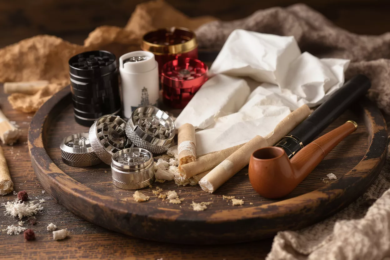Various smoking accessories including grinders, papers, and a pipe on a wooden tray.