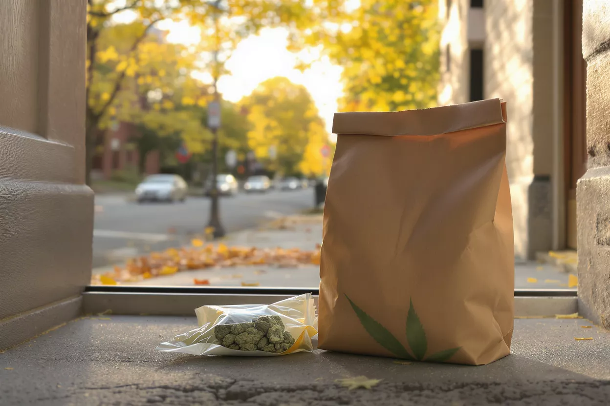 Cannabis in a plastic bag and a paper bag with a leaf logo on a doorstep.