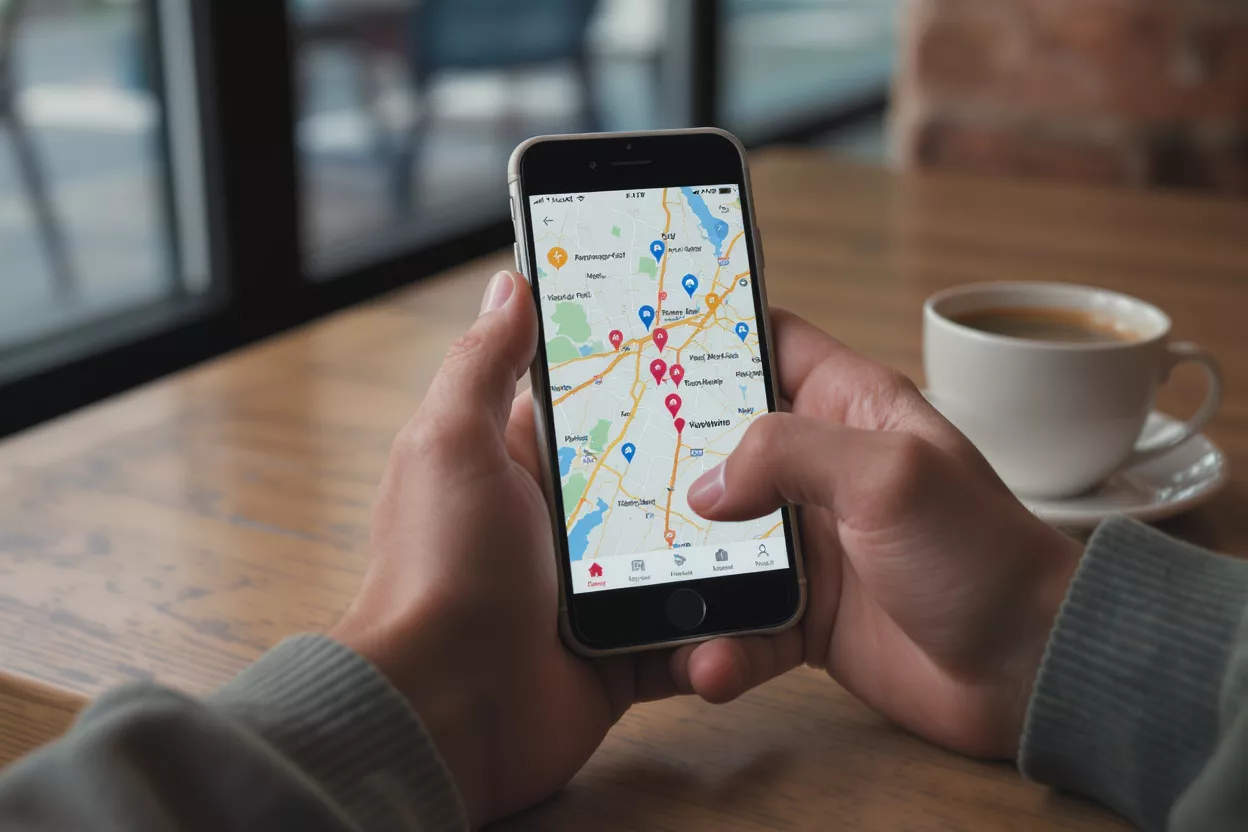 Hands holding a smartphone displaying a map application with pins, next to a coffee cup.