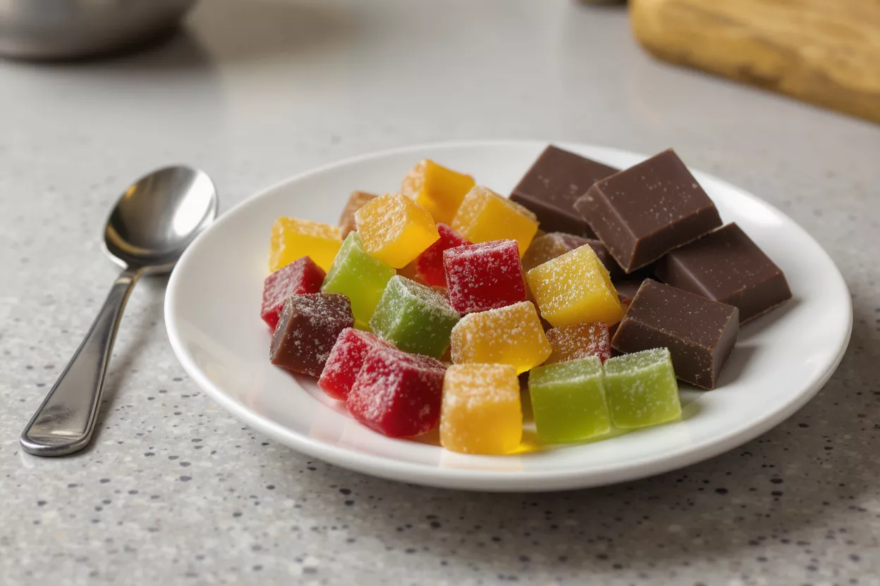 A white plate with colorful gummy candies and chocolate squares next to a spoon.