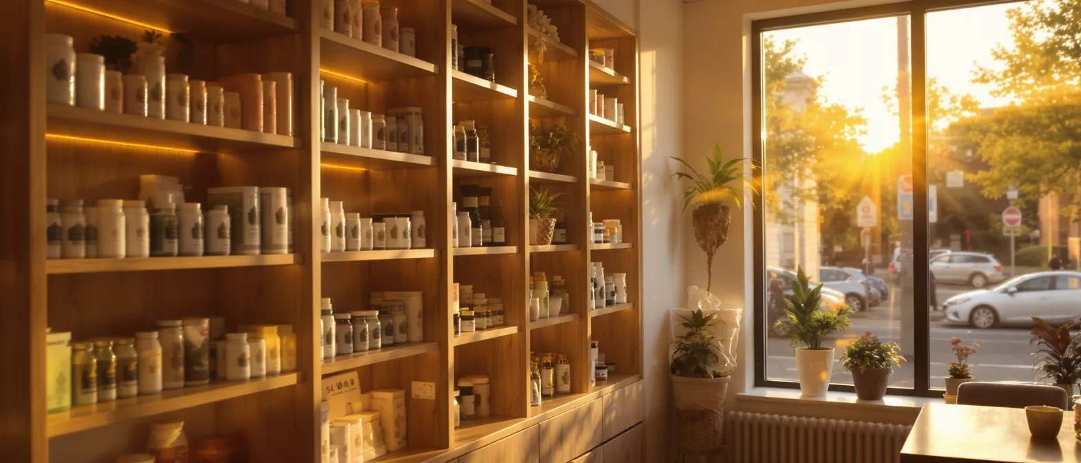 Warm sunset light fills a store interior with shelves of products and plants.