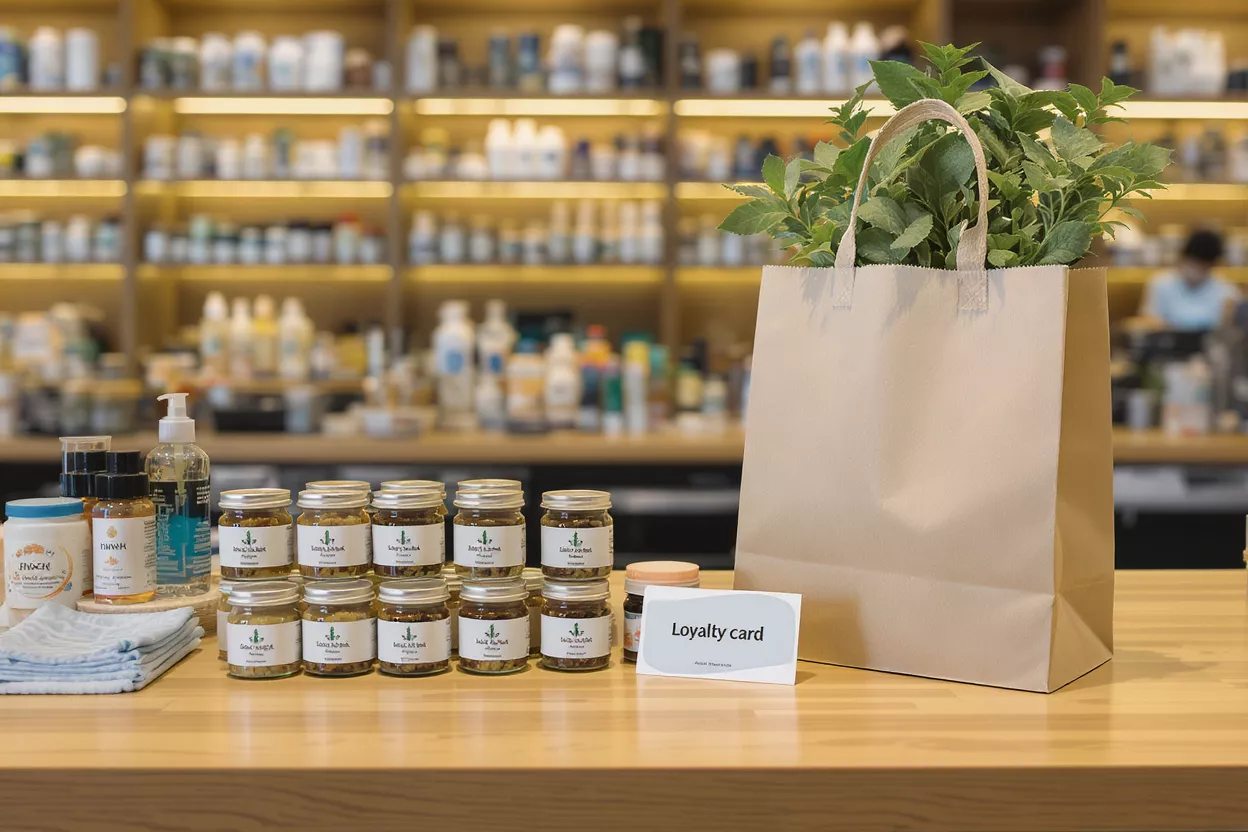 Natural products, loyalty card, and shopping bag with plants on a wooden counter.