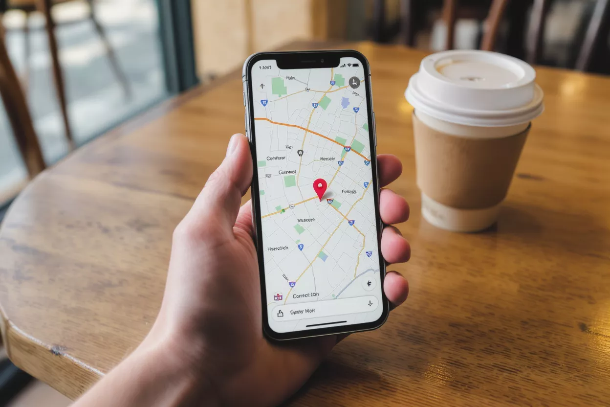 A person holding a smartphone displaying a map application with a red pin.