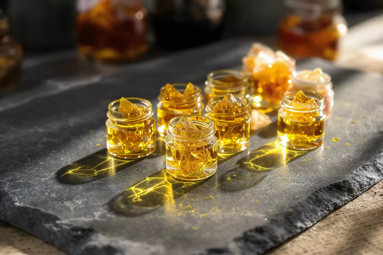 Small glass jars filled with golden cannabis shatter concentrate on a dark slate surface.
