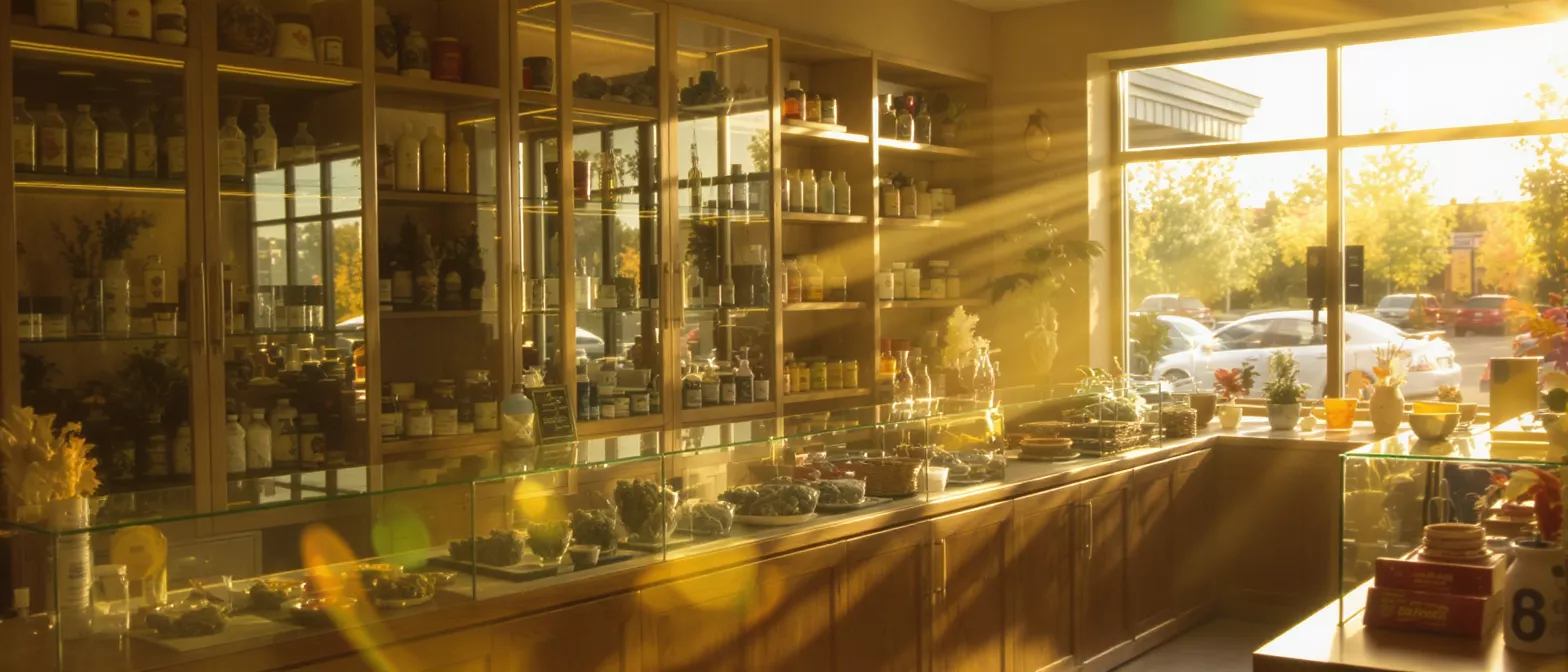 Interior of a store with shelves, display cases, and sunlight streaming through a window.