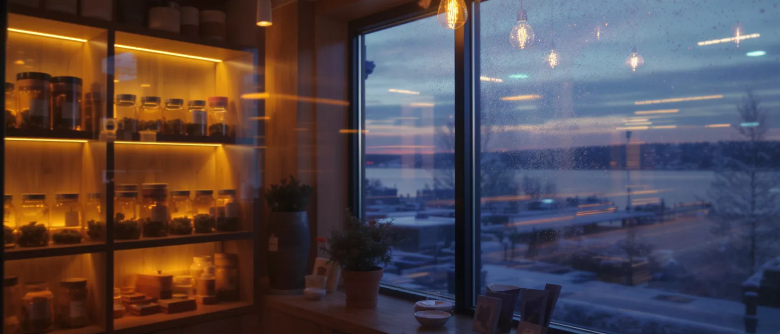 Interior of a cozy shop with illuminated shelves and a window view of a winter evening.