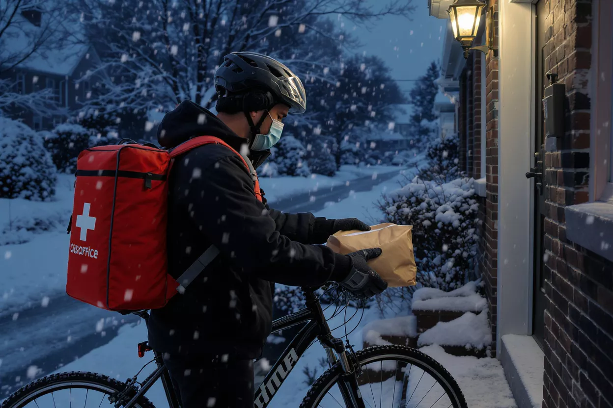 Delivery person on bike in snow, wearing mask, holding package.