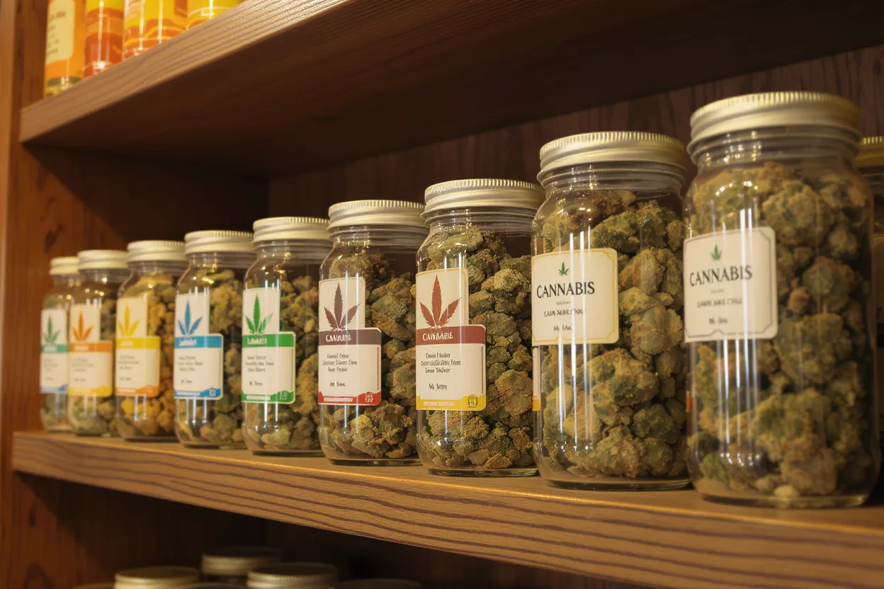 Glass jars filled with cannabis buds line a wooden shelf, labeled with various strains.