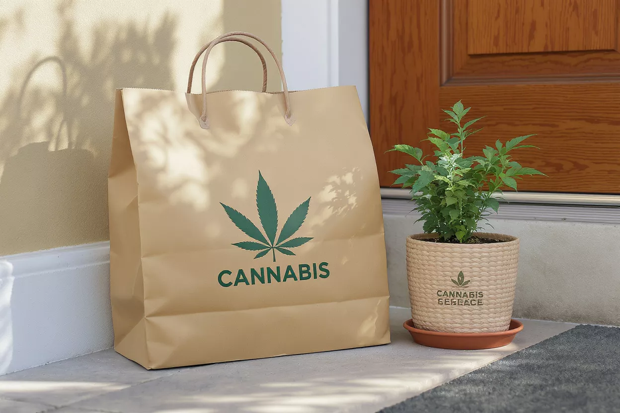 Cannabis delivery bag with logo and potted plant on a doorstep.