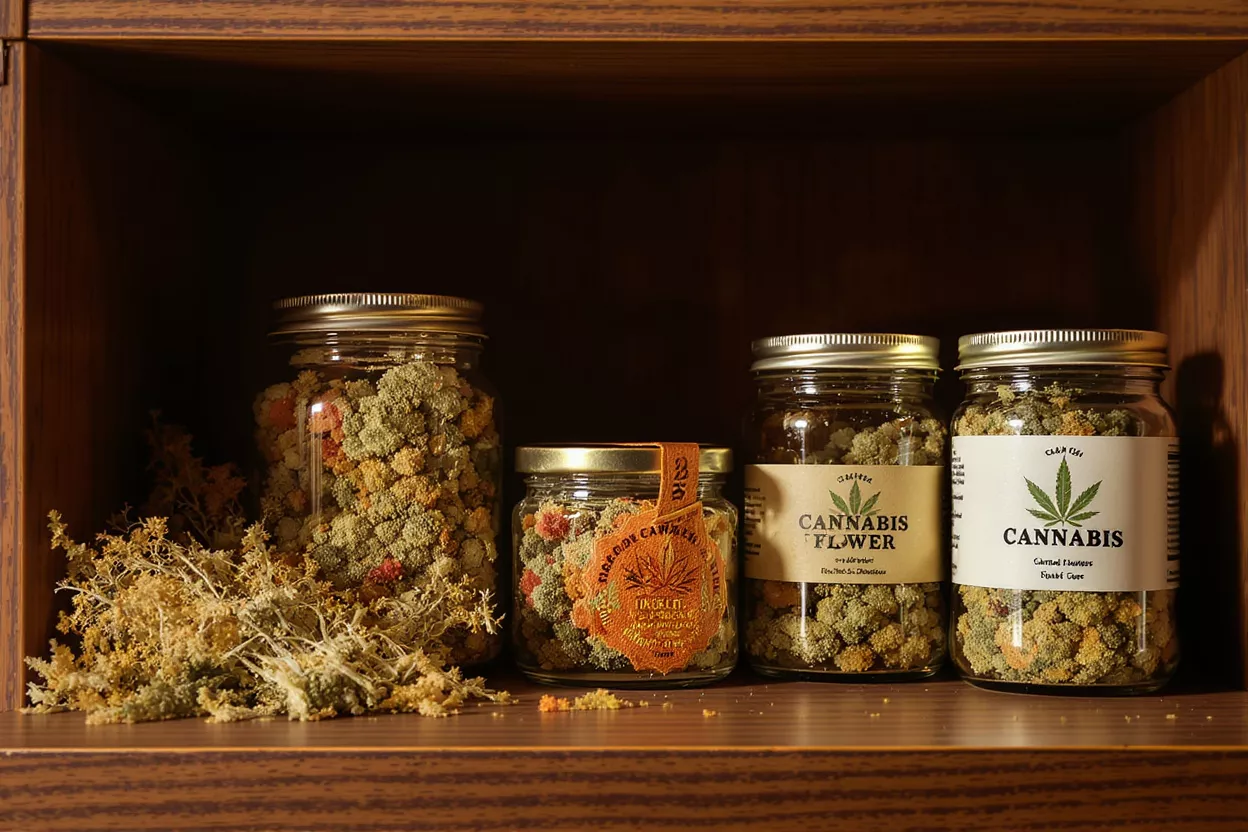 Four glass jars with cannabis flower and dried botanicals on a wooden shelf.