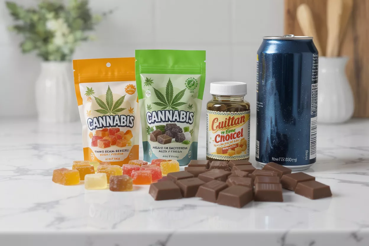 Various cannabis edibles including gummies, chocolate, and a beverage on a marble counter.