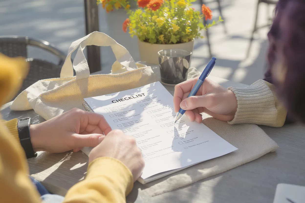 Close-up of hands checking off items on a checklist with a pen outdoors.