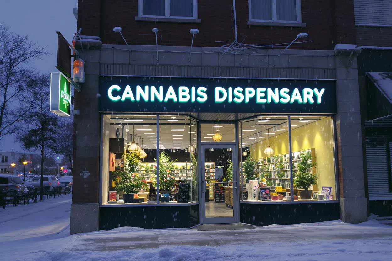 Exterior of a cannabis dispensary at night during a snowfall, illuminated signage.