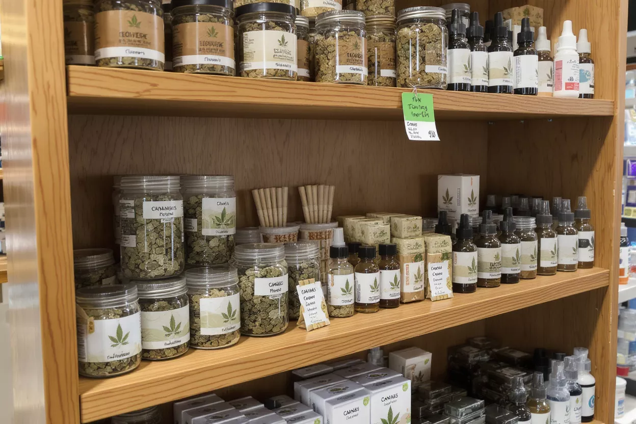 Wooden shelves filled with various cannabis products in jars and bottles.