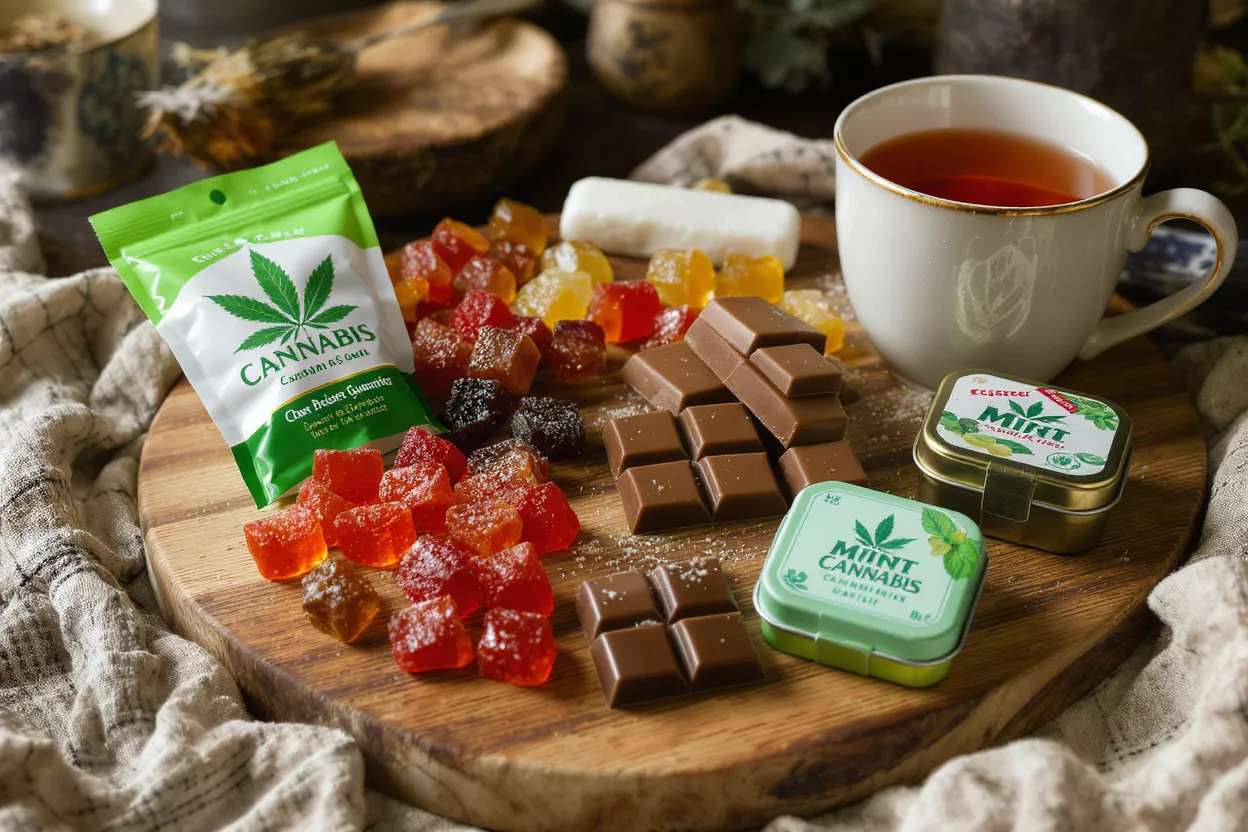 A variety of cannabis edibles including gummies, chocolate, and mints, with a cup of tea.