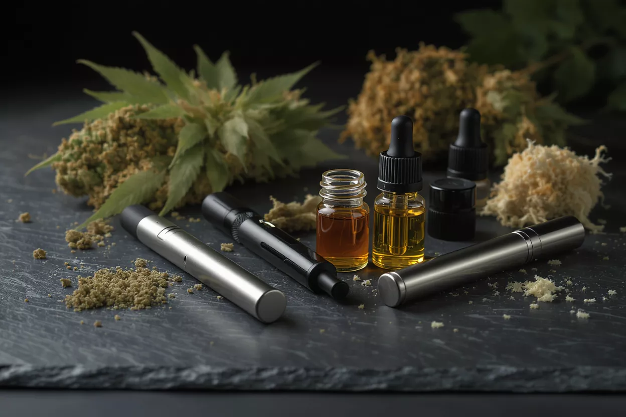 Cannabis flower, vape pens, and CBD oil bottles on a dark stone surface.