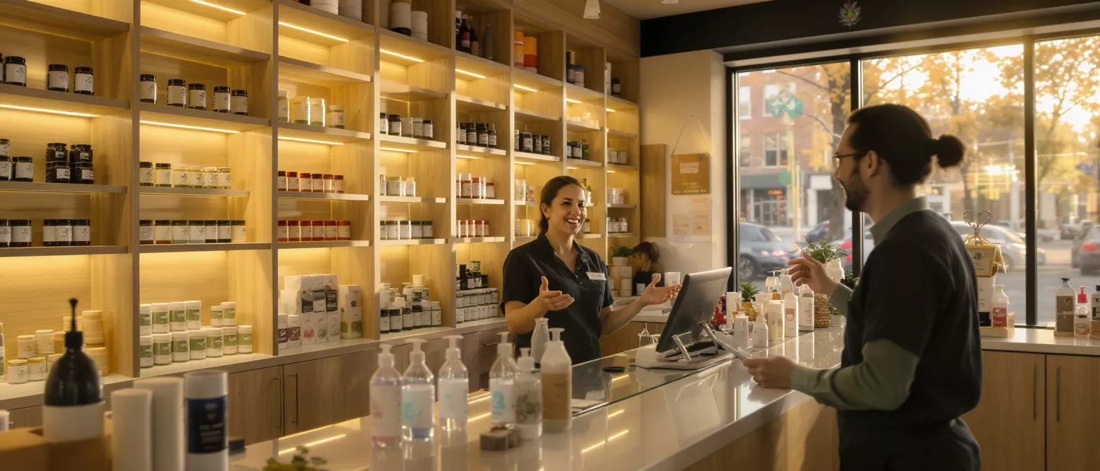A female employee assists a male customer at a well-stocked cannabis dispensary counter.