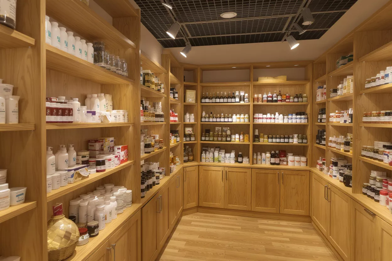 Interior of a well-lit store with wooden shelves stocked with various herbal remedies.