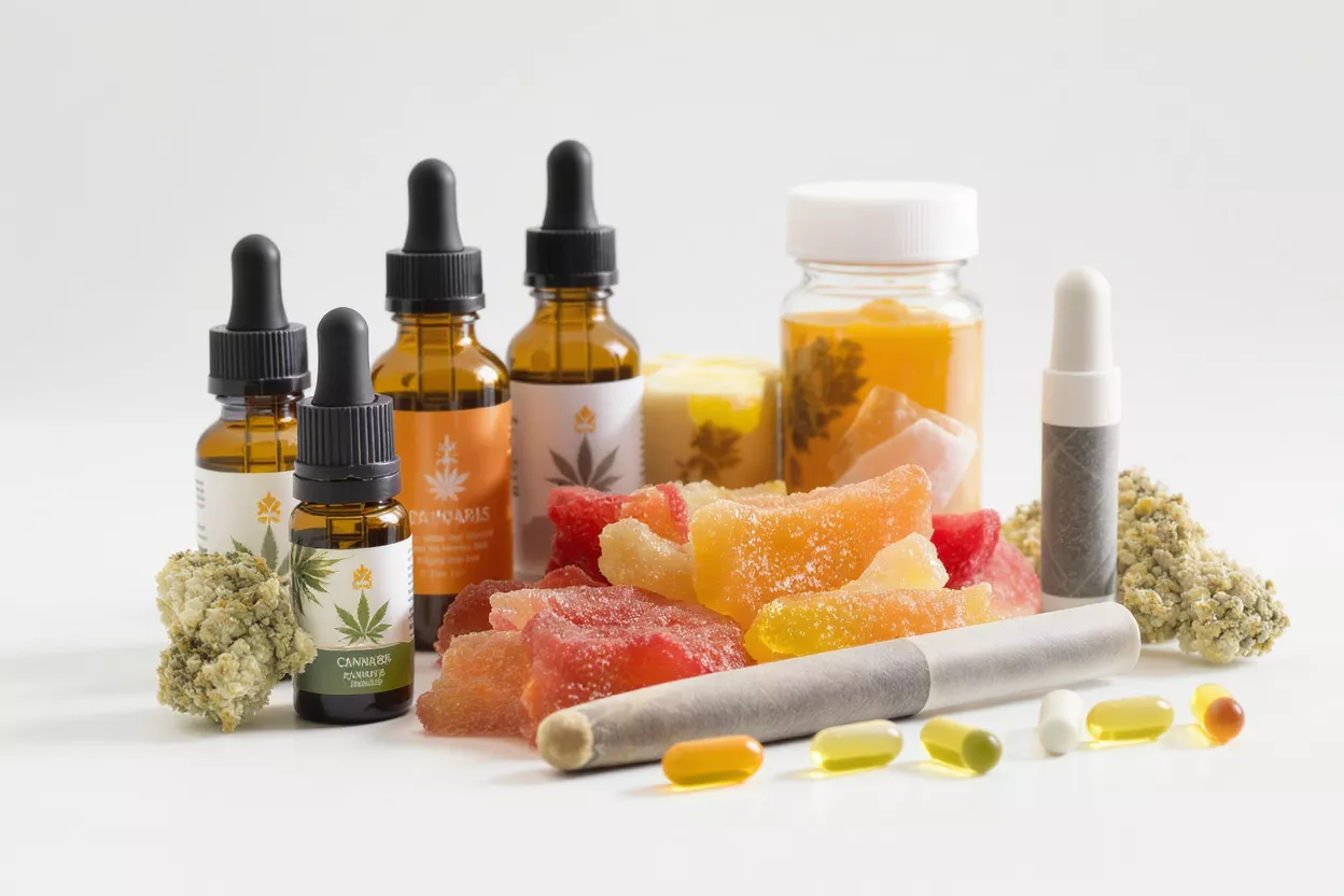 A variety of cannabis products including oils, edibles, pills, and flower on white background.