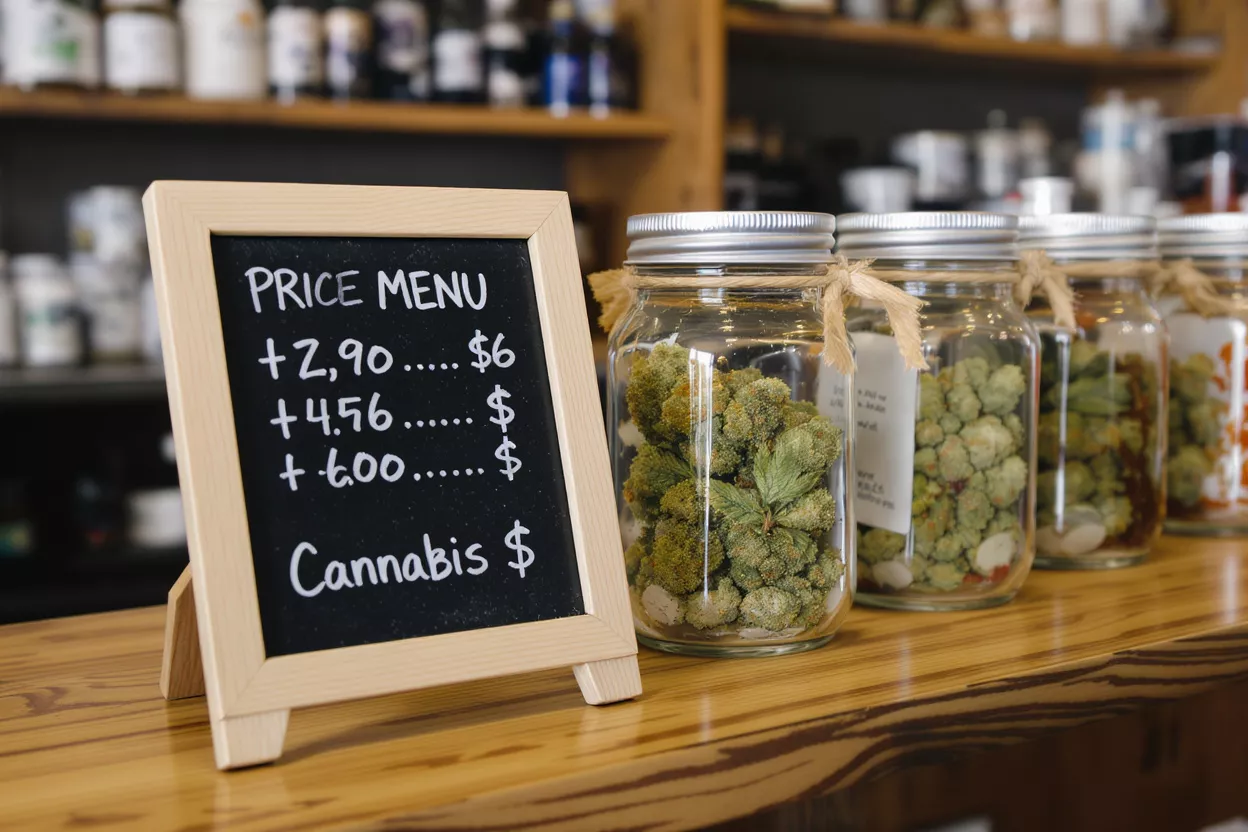 Chalkboard price menu next to jars of cannabis buds in a dispensary.