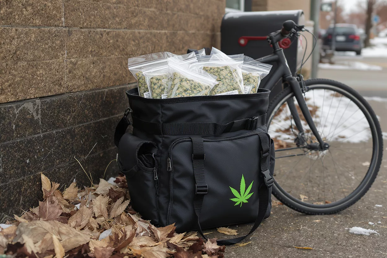 Black delivery bag with cannabis leaf logo, filled with product, next to a bicycle.