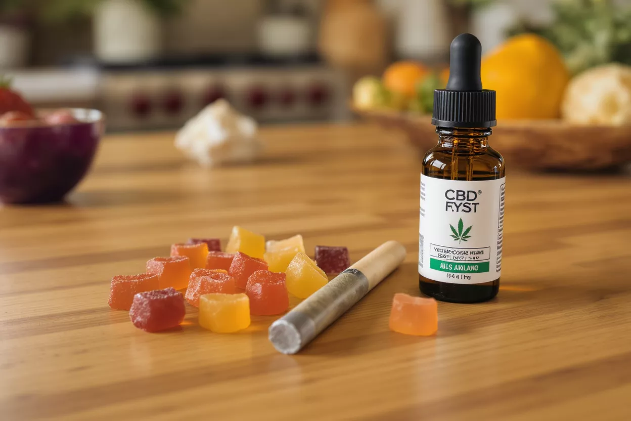 CBD FYST oil dropper bottle, colorful gummies, and a pre-roll on a wooden counter.