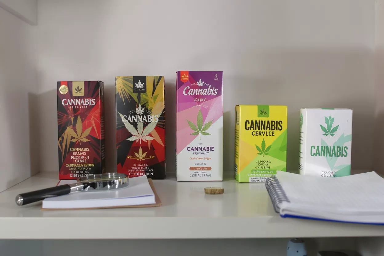Five colorful cannabis product boxes displayed on a white shelf with a magnifying glass.