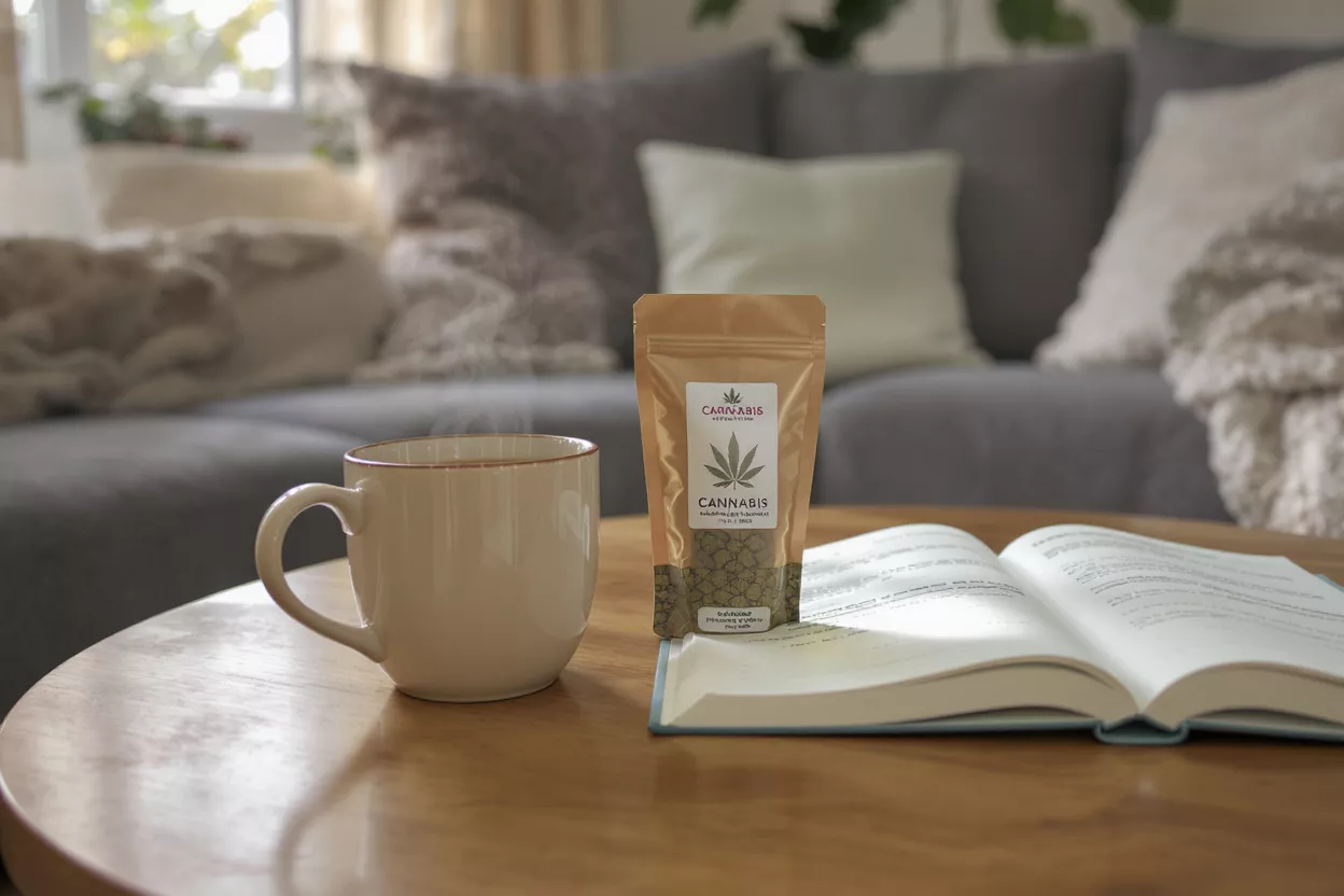 Cannabis product bag, steaming coffee mug, and open book on a wooden table.