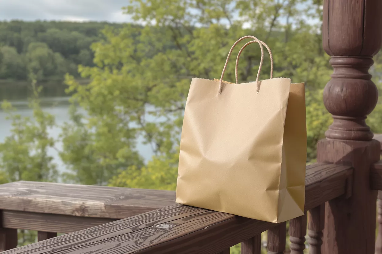 A brown paper shopping bag sits on a wooden balcony railing with a natural background.
