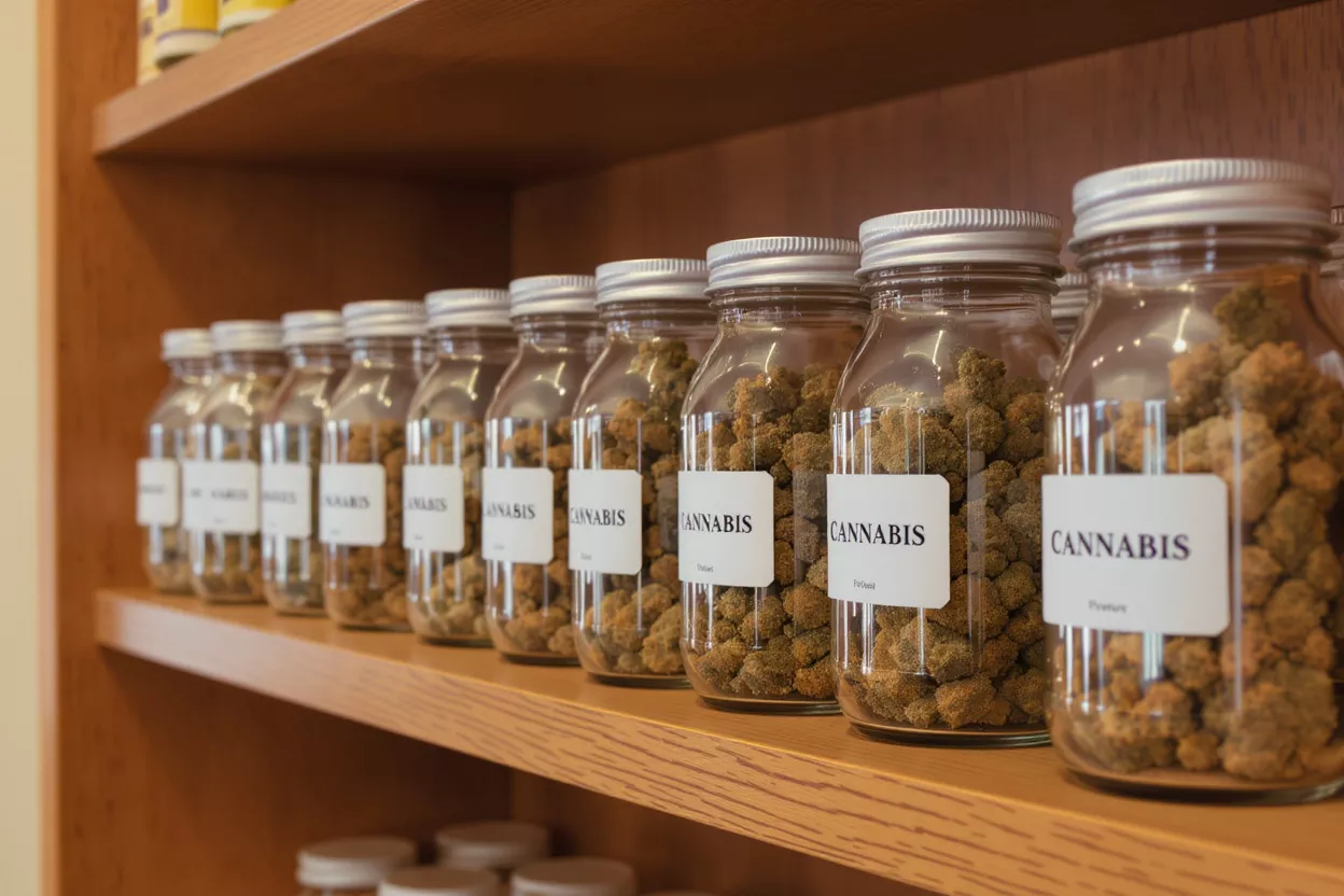 Row of glass jars filled with cannabis buds on a wooden shelf.