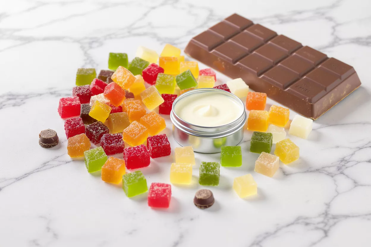 Colorful square gummies, chocolate bar, and a tin of cream on marble.