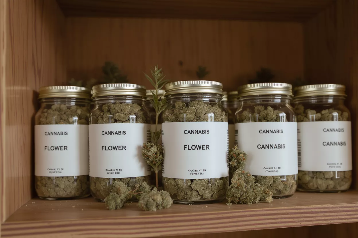Cannabis Flower Jars on Shelf Several glass jars filled with cannabis flower, labeled, on a wooden shelf.
