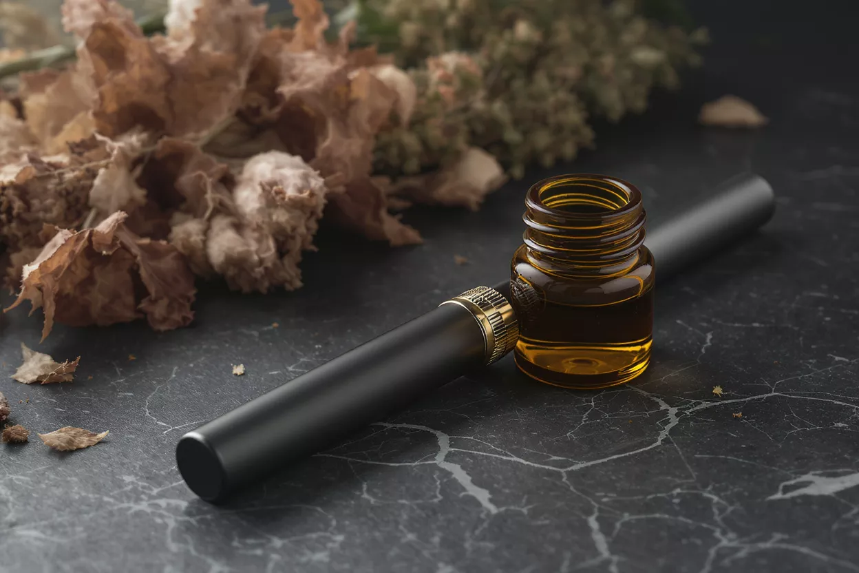 Vape Pen and CBD Oil Black vape pen next to amber bottle of CBD oil on dark marble.