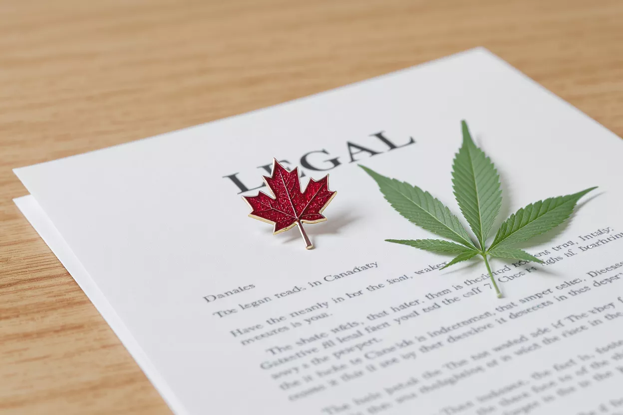Cannabis Legalization in Canada Red maple leaf pin and cannabis leaf on a document titled 'LEGAL'.
