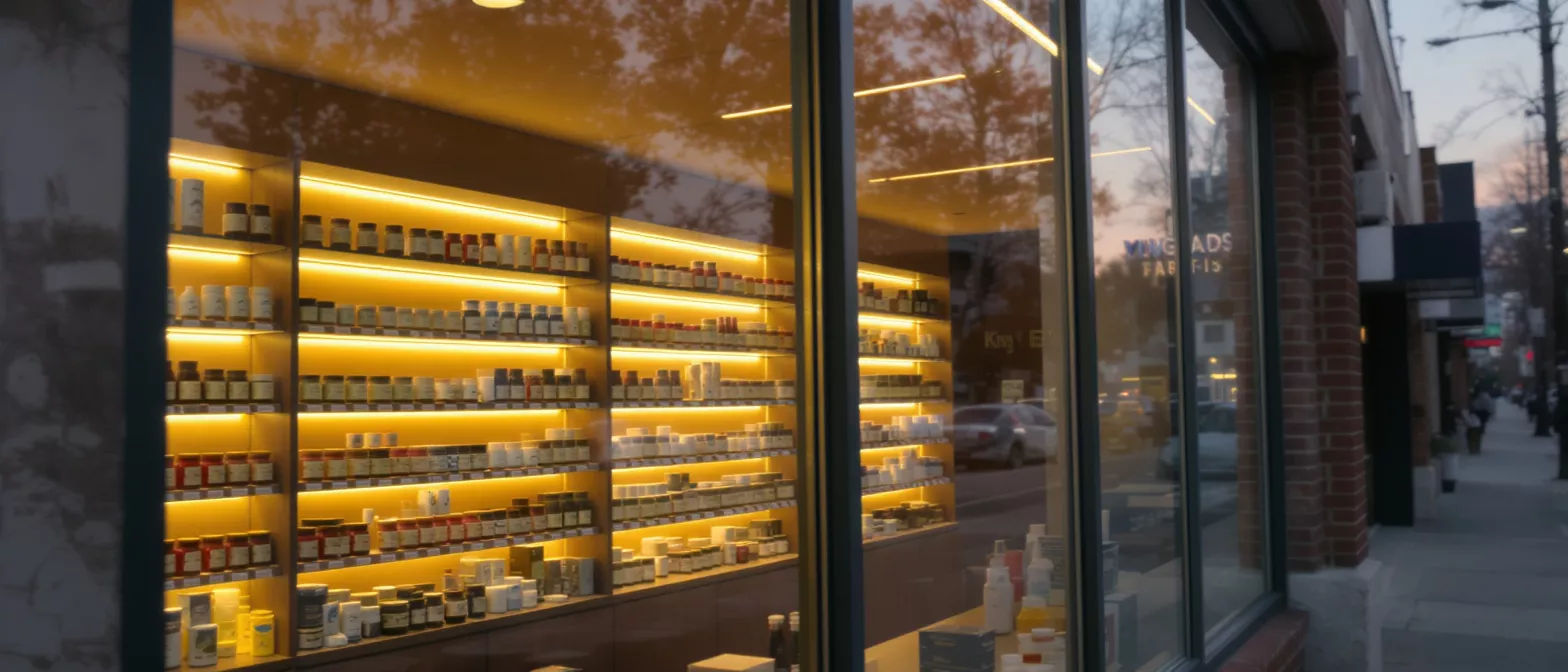 Storefront window with shelves of products illuminated by warm yellow lights at dusk.