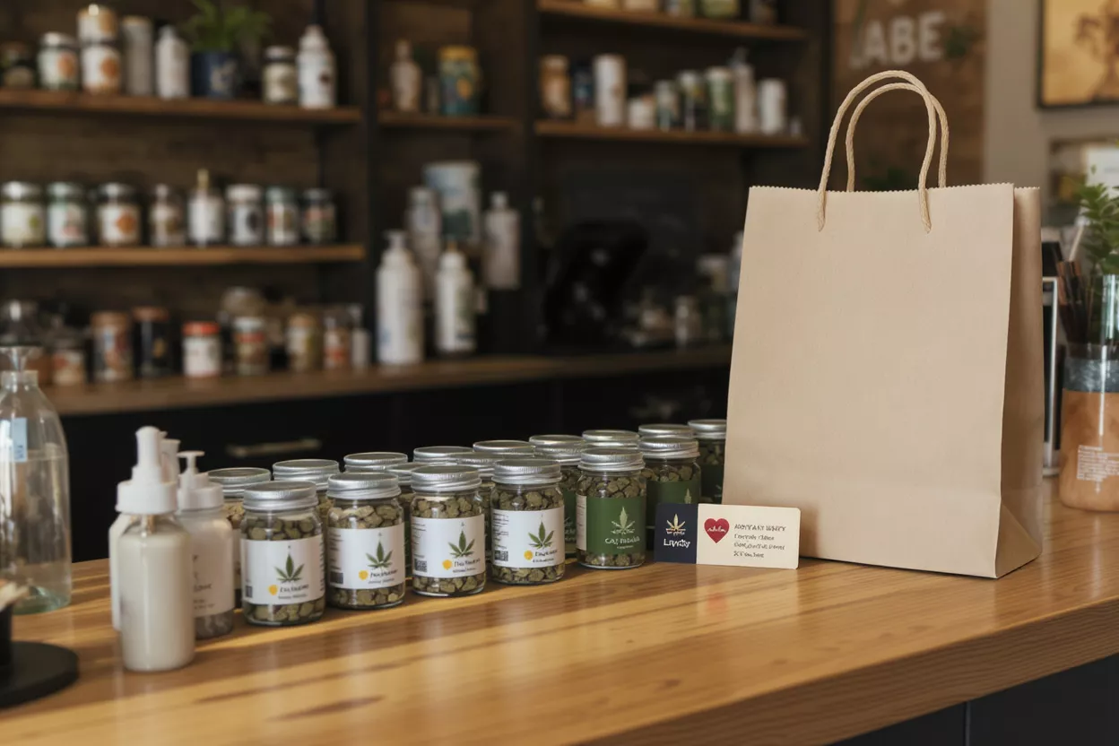 Cannabis Dispensary Products and Bag Cannabis products in jars, lotions, and a paper bag on a wooden counter.