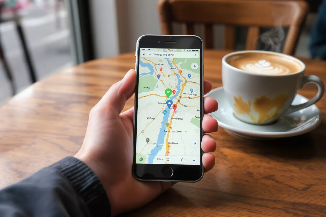 Navigating with a Map App A hand holds a smartphone displaying a map application with various location pins.