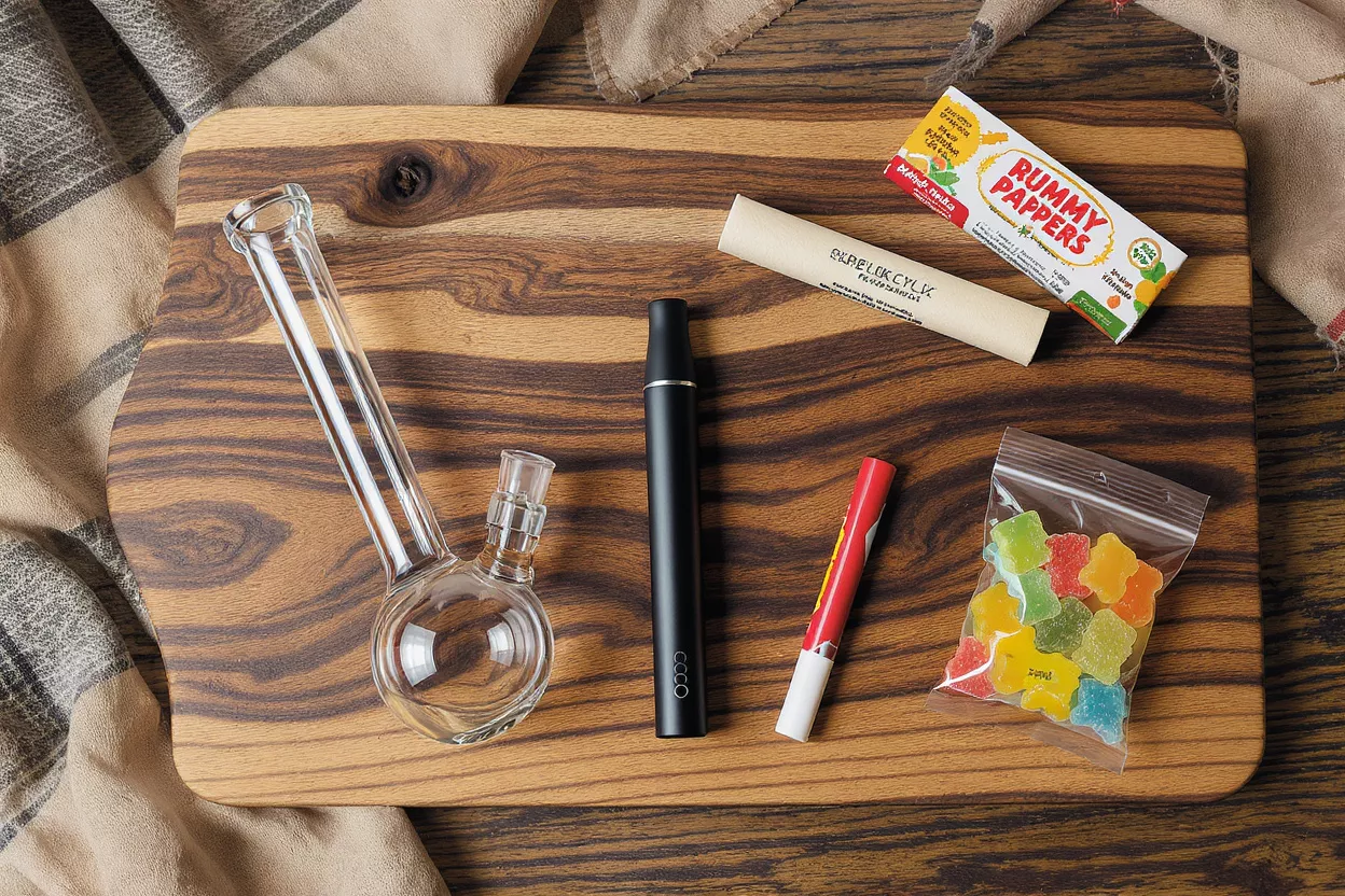 Smoking Accessories and Gummy Candies A clear glass bong, black vape pen, red pre-roll, and gummy candies on a wooden board.