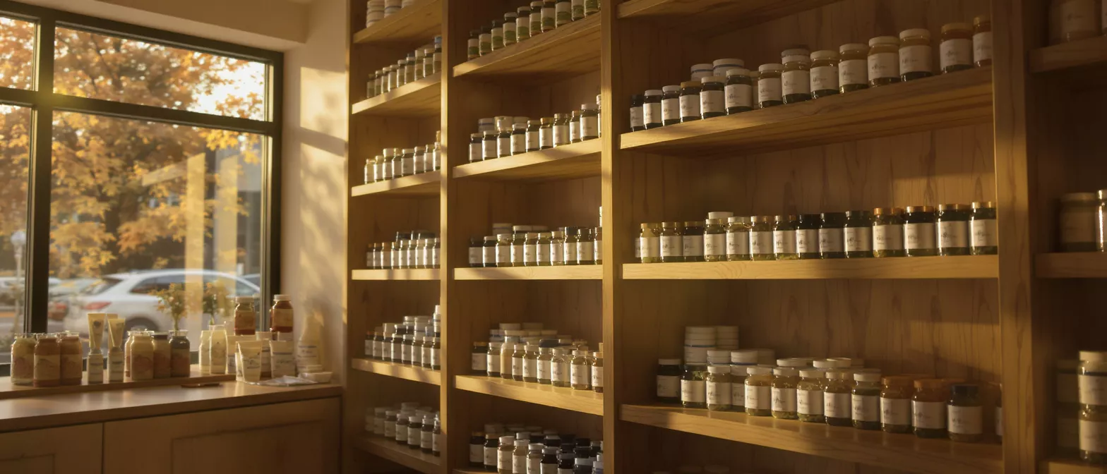 Interior of a store with wooden shelves filled with jars and bottles of herbal remedies.